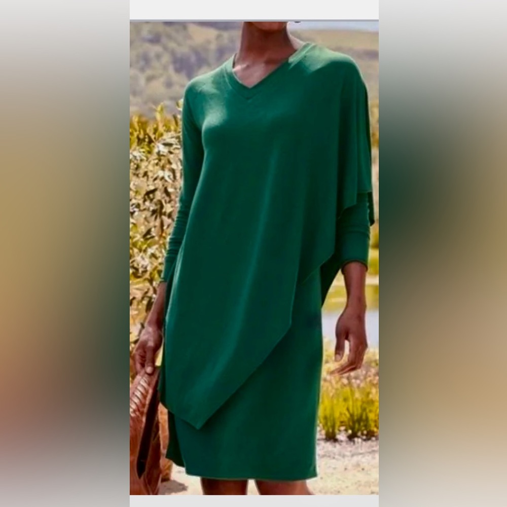 Soft Surroundings Marla Green Jersey Knit Overlay Long Sleeve Dress Small